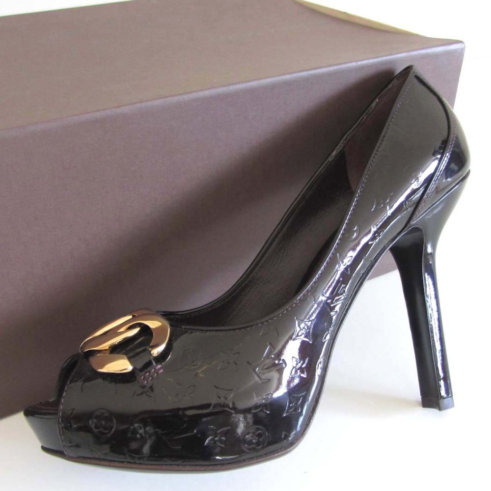 new LOUIS VUITTON Monogram Vernis chain peep toe pumps 8.5 US 38.5 - Picture 13 of 13